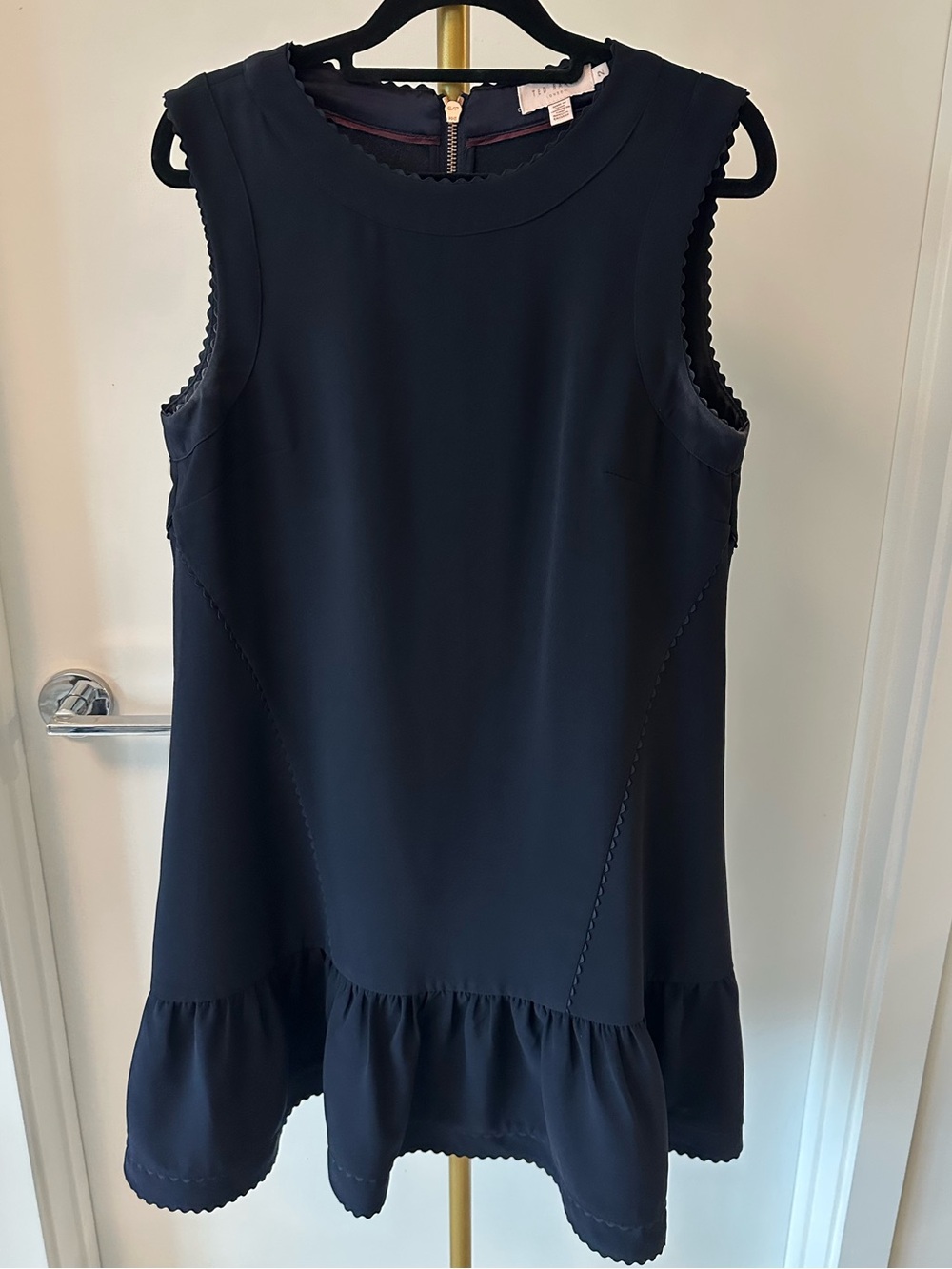 Ted Baker Navy Scalloped Trim Sleeveless Ruffle Hem Dress Size 2
